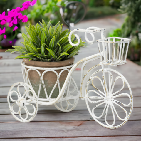 Distressed White Metal Small Bicycle Pot Planter Decorative Stand outdoor garden indoor home decor pot plant plants planter antique look interior design Penny Farthing Bicycle Planter Flower Garden Patio Stand Outdoor Decor Balcony iron planter holder bicycle garden decor basket baskets