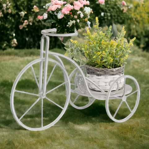 Distressed White-Grey White Grey Matt Metal Bicycle Pot Planter Decorative Stand outdoor garden indoor home decor pot plant plants planter antique look interior design Penny Farthing Bicycle Planter Flower Garden Patio Stand Outdoor Decor Balcony iron planter holder bicycle garden decor basket baskets