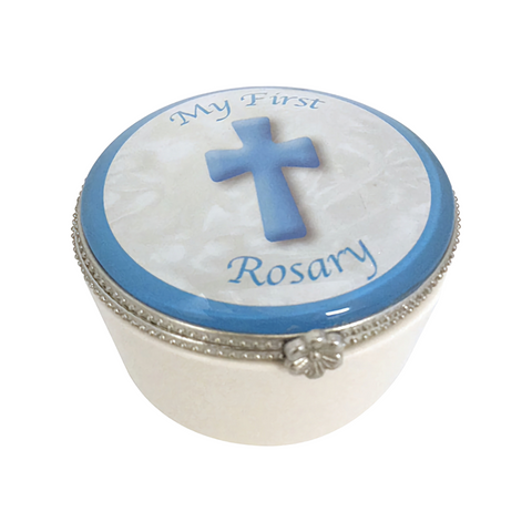 Blue Baby Boy My First Rosary Beads Porcelain Trinket Box