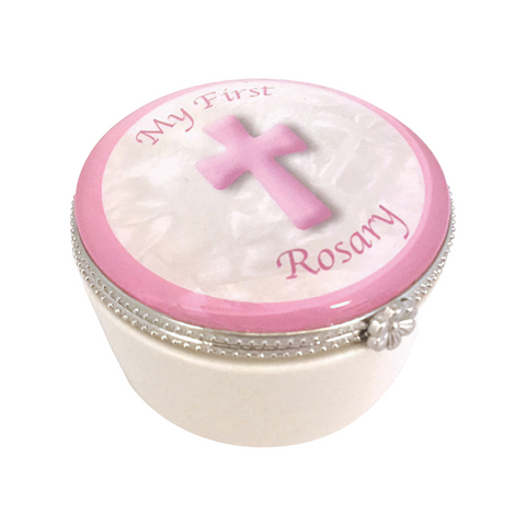 Pink Baby Girl My First Rosary Beads Porcelain Trinket Box