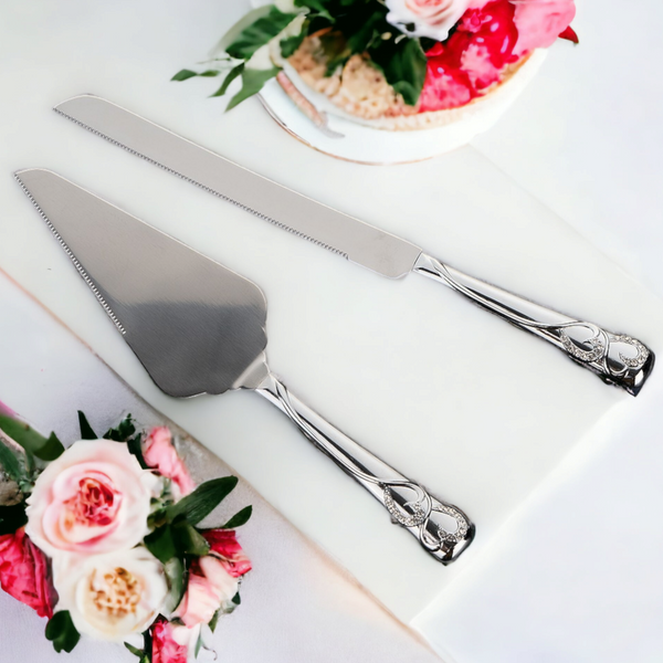 Set 2 Silver Cake Server & Knife with Sparkling Binding Crystal Diamantes Double Hearts Handles