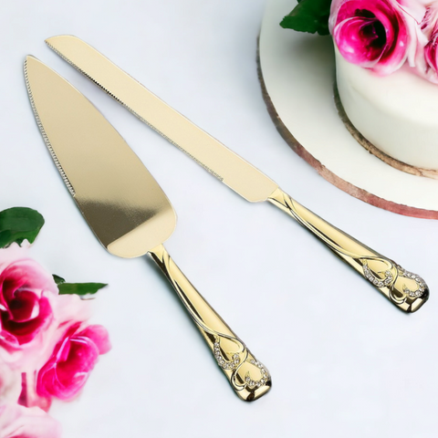 Wedding bridal engagement Cake Server & Knife Set stainless Steel blades in gift Box with bling gold classy crystal handles and crystal diamante rhinestones crystalline crystal binding double hearts handles Handle Gift Box