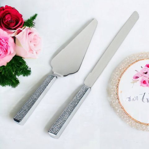 Wedding bridal engagement Cake Server & Knife Set stainless Steel blades in gift Box with bling silver classy crystal filled beads beaded handles and crystal diamante rhinestones crystalline filled beaded beads handles Handle Gift Box