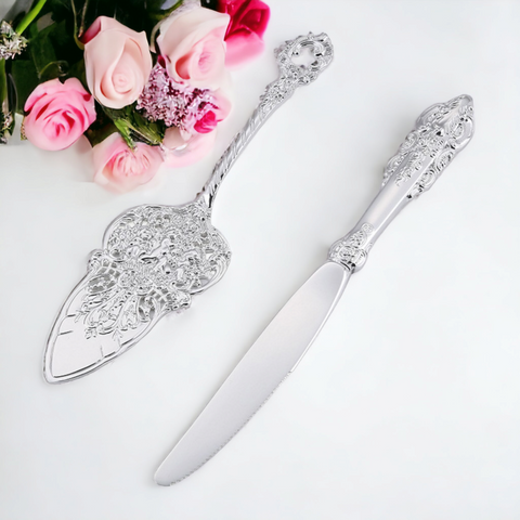 Wedding bridal engagement Cake Server & Knife Set stainless Steel blades in gift Box with bling silver classy crystal filled beads beaded handles and crystal diamante rhinestones crystalline filled beaded beads filigree ornate handles Handle Gift Box