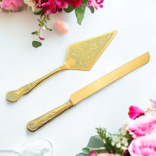 gold Wedding Bridal engagement Cake Server Knife Set stainless Steel blades with diamond engraved ornate handles Handle Gift Box
