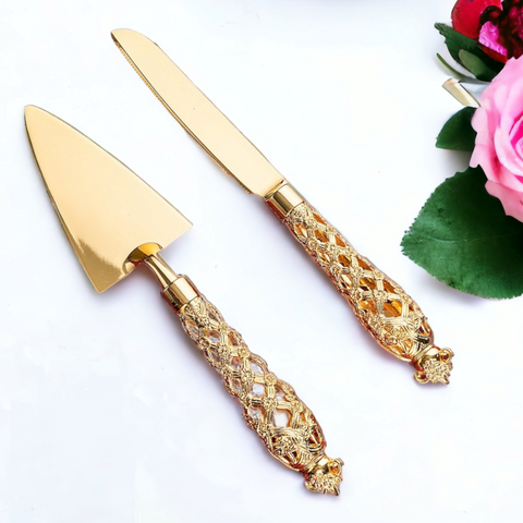 gold Wedding Bridal engagement Cake Server Knife Set stainless Steel blades with diamond filagree royal ornate handles Handle Gift Box