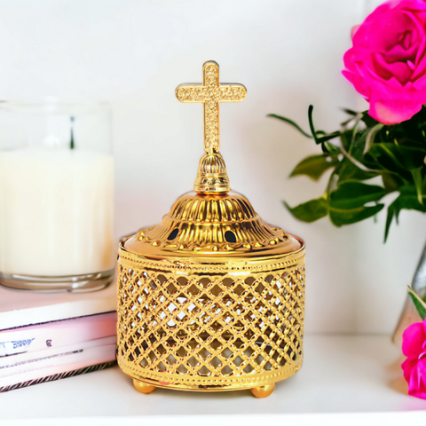 Gold Round Orthodox Incense Burner Kapnistiri with Crystal Cross Top & Handle Orthodox Incense Kapnistiri Charcoal Incense Church Cemetery Home Blessing Religious