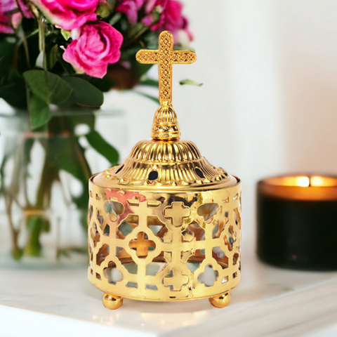 Gold Round Orthodox Incense Burner Kapnistiri with Crystal Cross Top & Handle Orthodox Incense Kapnistiri Charcoal Incense Church Cemetery Home Blessing religious