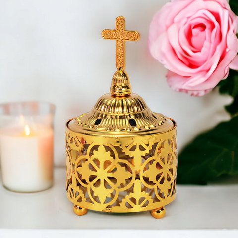 Gold Round Orthodox Incense Burner Kapnistiri with Crystal Cross Top & Handle Orthodox Incense Kapnistiri Charcoal Incense Church Cemetery Home Blessing religious