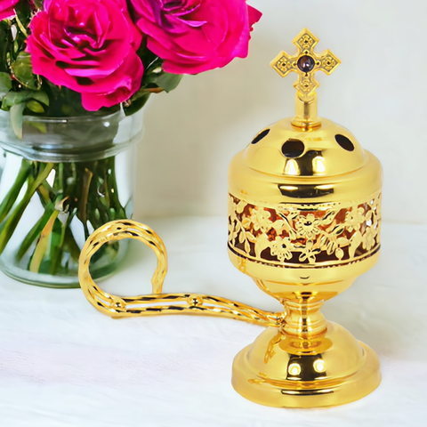 Gold Round Orthodox Incense Burner Kapnistiri with Crystal Cross Top & Handle Orthodox Incense Kapnistiri Charcoal Incense Church Cemetery Home Blessing Religious