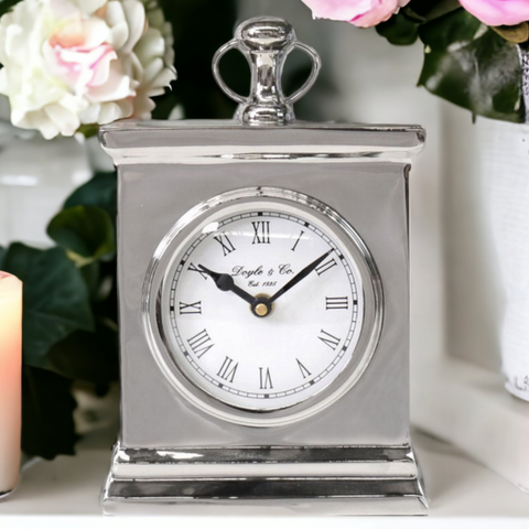 Elegant Rectangle Doyle & Co Silver Shiny Mantel Clock with White Face Silver Rectangle Doyle & Co FOB Clock Mantel Shelf Table Display Home Decor