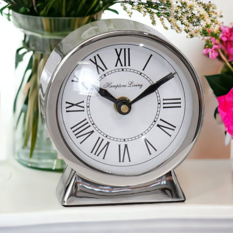 Silver Plated Hamptons Living Round Mantel Clock with Wedge Base