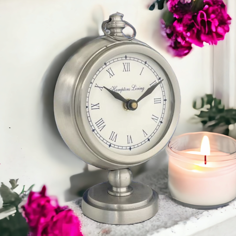 Silver Round Base Pewter Look Hamptons Living Clock Elegant Hamptons Silver Pewter Round FOB Clock Mantel Table Display Home Decor