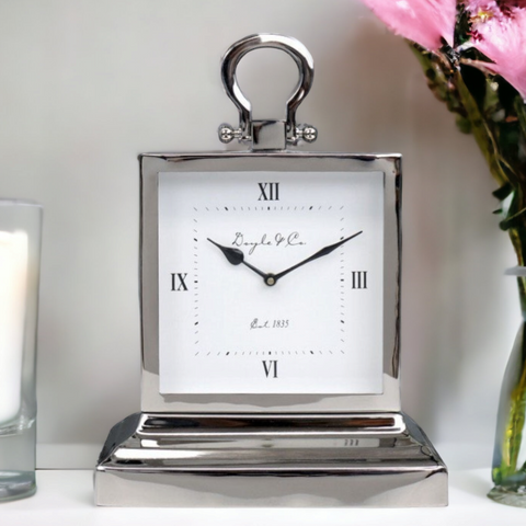 Silver shiny rectangle Plated Stepped base Mantle Clock home decor display elegant doyle & Co