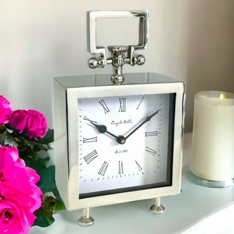 Silver Nickel shiny cube footed Mantle doyle & Co Clock with handle home decor display elegant desk clock