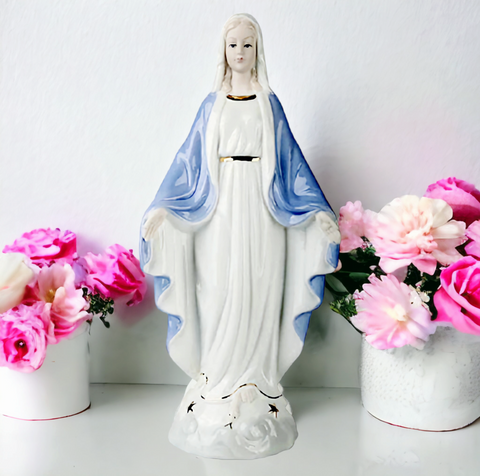 Our Lady Statue ceramic Porcelain Virgin holy mother Mary Statue with open arms blue and white Our Lady Figurine Hand Painted Figure Catholic Christian statue ornament Religious Gift home decor
