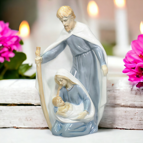 Holy Family standing Statue ceramic Porcelain Virgin holy mother Mary and Joseph blue and white Figurine Hand Painted Figure Catholic Christian statue ornament Religious Gift home decor