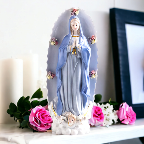 Our Lady Statue ceramic Porcelain Virgin holy mother Mary Statue with flowers Our Lady Figurine Hand Painted Figure Catholic Christian statue ornament Religious Gift home decor