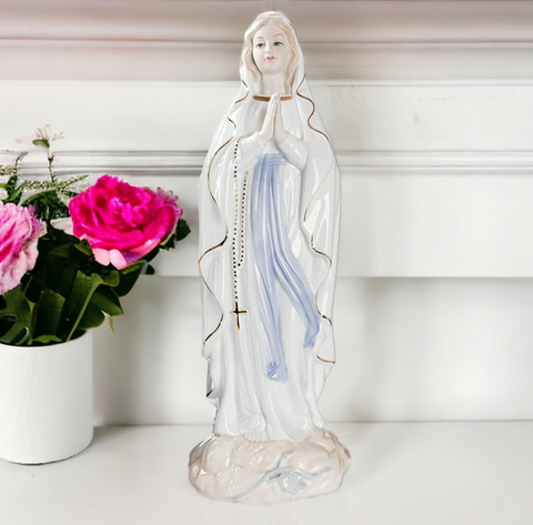 Our Lady Statue ceramic Porcelain Virgin holy mother Mary Statue praying with white and gold detail Our Lady Figurine Hand Painted Figure Catholic Christian statue ornament Religious Gift home decor