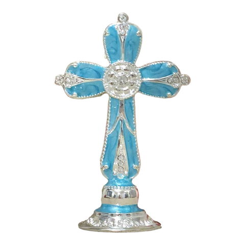 Mini Blue Enamel Standing Cross with Diamante Crystals Favours Bomboniere Gifts