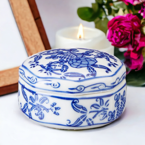 Blue & White Round Floral Design Ceramic Trinket Box Jewellery Keepsake Gift home decor