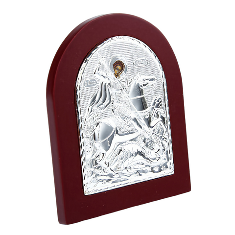 Religious Orthodox Silver Plated Holy Saint George St. George Icon Plaque with Red Wood Frame