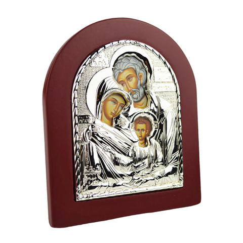 Doxaras Religious Orthodox Silver Plated Holy Family Virgin Mother Mary & Jesus Christ Icon Plaque with Red Wood Frame
