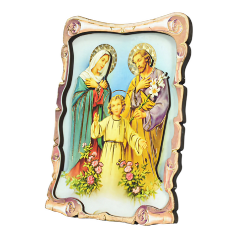 Religious Catholic Christian Colour Wooden Wood 3D Holy Family Icon Plaque picture Stand, holy mother Mary, Joseph, Jesus Christ