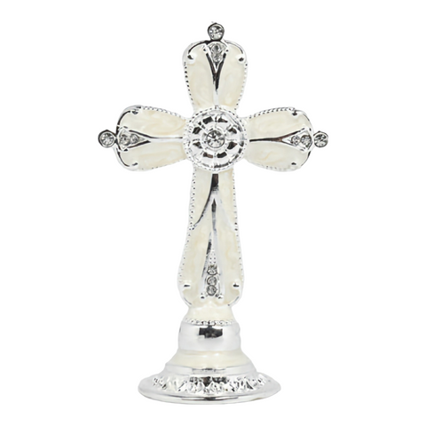 Mini White Enamel Standing Cross with Diamante crystals Favours Bomboniere Gifts
