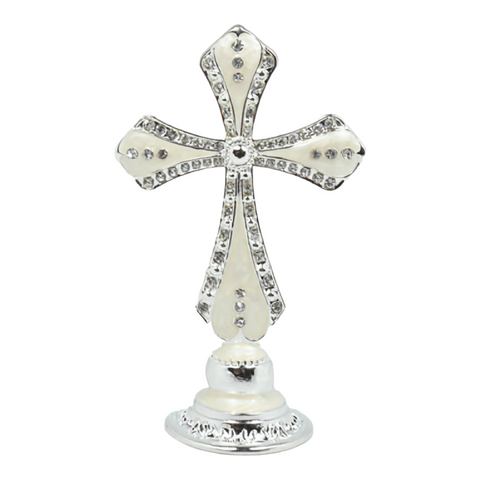 Mini White Enamel Standing Cross with Diamante crystals Favours Bomboniere Gifts