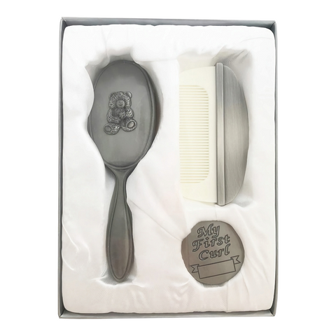 3 piece Pewter Teddy Bear Design Baby Brush & Comb & my First Curl trinket box set Gift Set