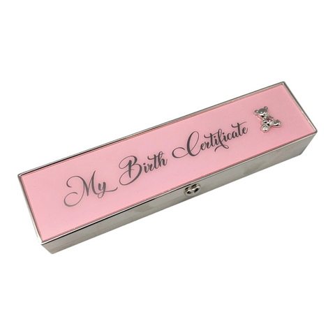 Pink Metal My Birth Certificate Holder Keepsake Box