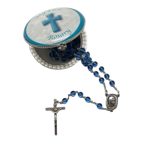 Set Blue Baby Boy My First Glass Rosary Beads & Porcelain Trinket Box