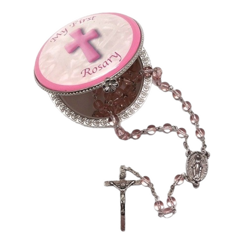 Set Pink Baby Girl My First Glass Rosary Beads & Porcelain Trinket Box