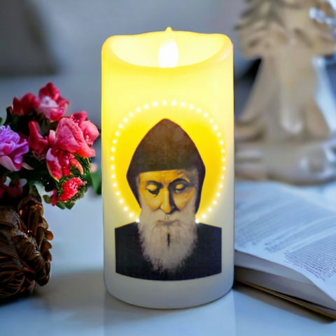 Saint Charbel Religious LED Light Up Candle Religious LED Light Up Candle Catholic Christian pillar flameless candle with battery and USB Power powered 
