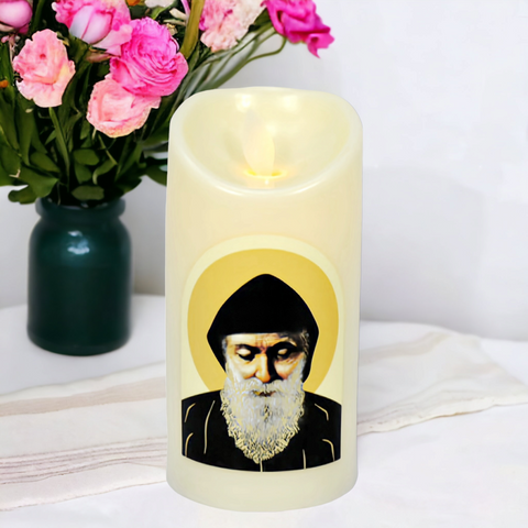 Ivory Saint Charbel Religious LED Light Up Swing Candle Round Ivory Flameless Plastic Swing LED Pillar Candle