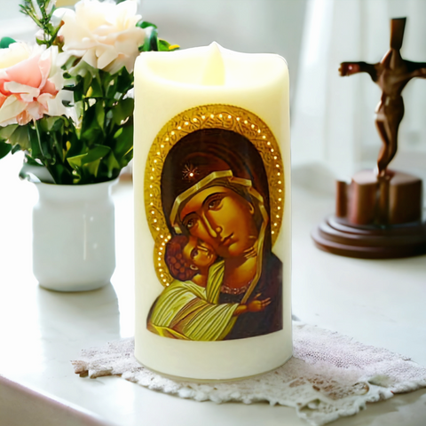 Orthodox Mother Mary & Jesus Religious LED Light Up Candle Jesus Christ Religious LED Light Up Candle pillar flameless candle with battery and USB Power powered