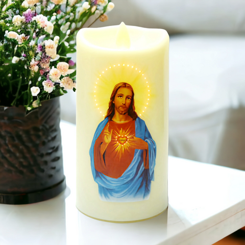 Sacred Heart Jesus Christ Religious LED Light Up Candle Catholic Christian pillar flameless candle with battery and USB Power powered