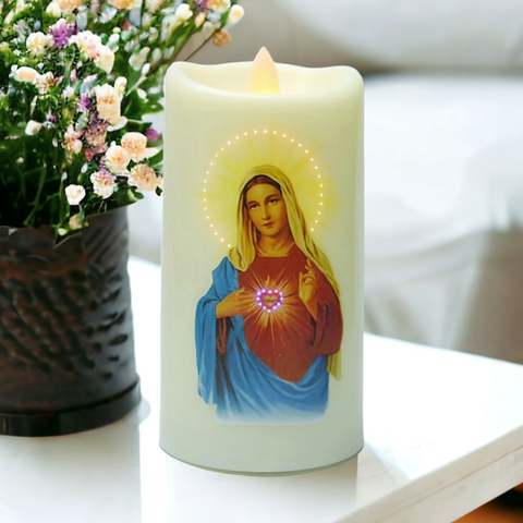 Sacred Heart Virgin Holy Mother Mary Religious LED Light Up Candle Catholic Christian pillar flameless candle with battery and USB Power powered
