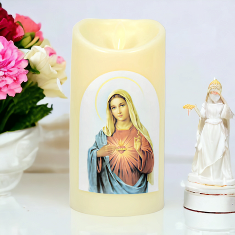 Ivory Sacred Heart Mother Mary Religious LED Light Up Swing Candle Round Ivory Flameless Plastic Swing LED Pillar Candle