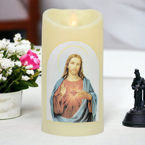 Ivory Sacred Heart Jesus Christ Religious LED Light Up Swing Candle Round Ivory Flameless Plastic Swing LED Pillar Candle
