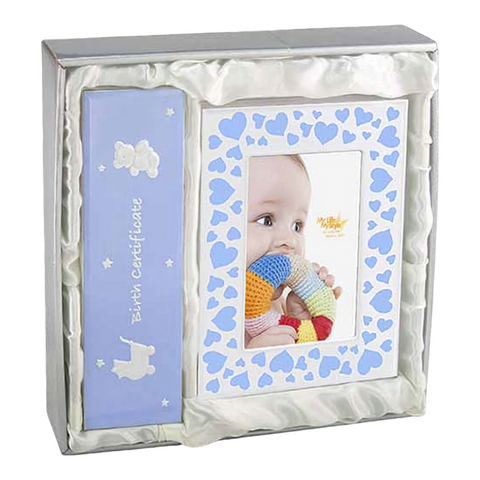 2 Piece Blue Baby Boy Birth Certificate Holder & Photo Frame gift Set