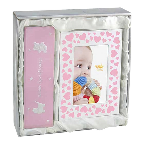 2 Piece Pink Baby Girl Birth Certificate Holder & Photo Frame Gift Set