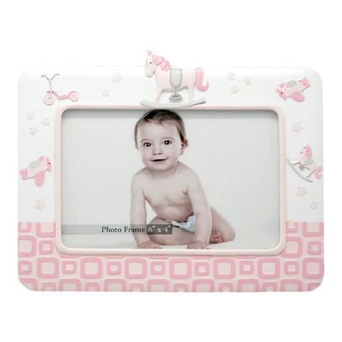 Pink & White Porcelain Baby Girl Rocking Horse Photo Frame
