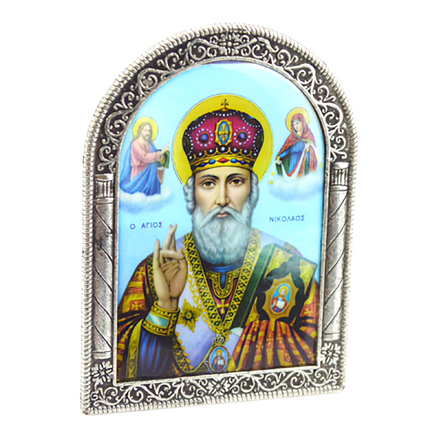Religious Greek Orthodox Metal Silver Plated Holy Saint Nicholas Icon Plaque Picture Stand St. Nicholas