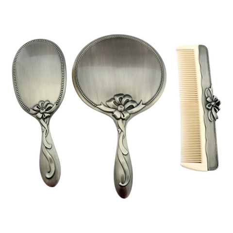 3 Piece Silver Pewter Brush, Comb & Mirror Vanity Set baby girls dresser gift