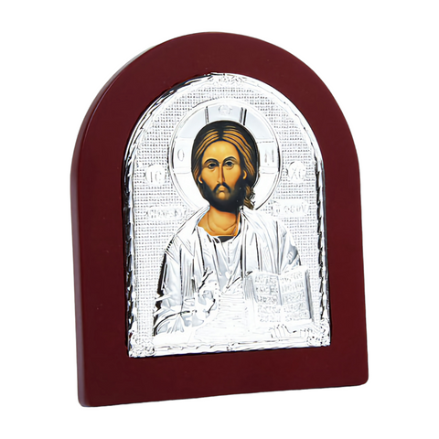 Religious Orthodox Silver Plated Holy Jesus Christ Icon Plaque with Red Wood Frame