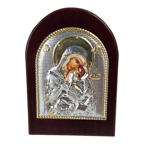 Orthodox Silver & Gold Plated Holy Mother Mary & Jesus Icon Plaque Red Wood Frame