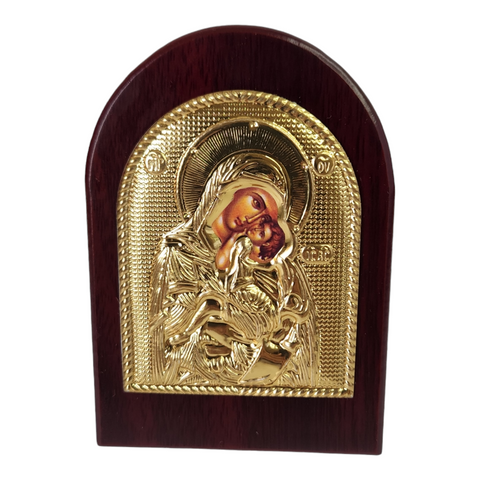 Orthodox Gold Plated Holy Mother Mary & Jesus Icon Plaque Red Wood Frame