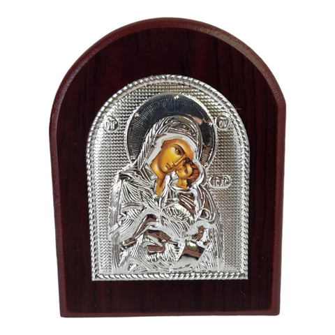 Orthodox Silver Plated Holy Mother Mary & Jesus Icon Plaque Red Wood Frame